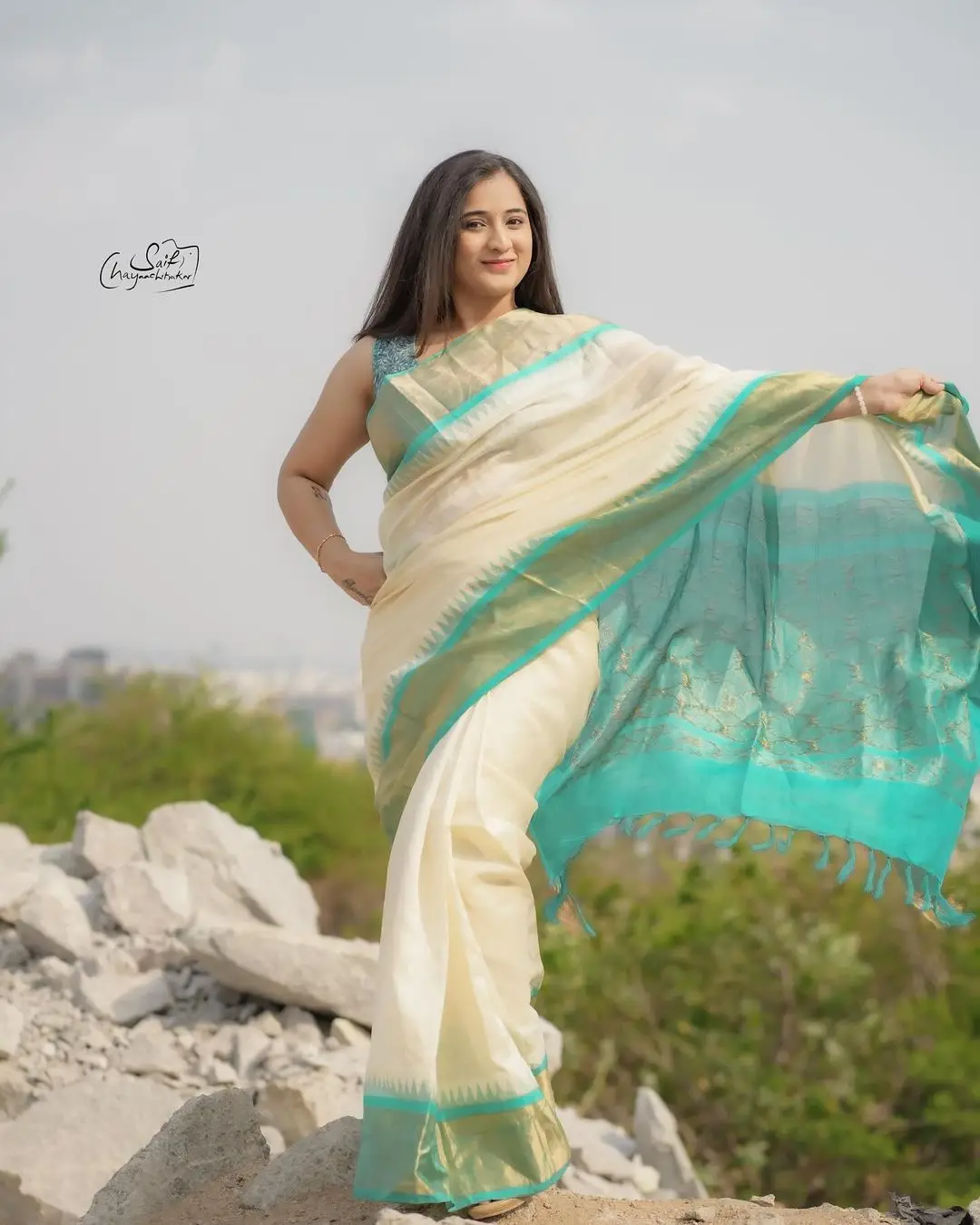 Telugu Actress Viraajita in Beautiful White Saree Blue Blouse